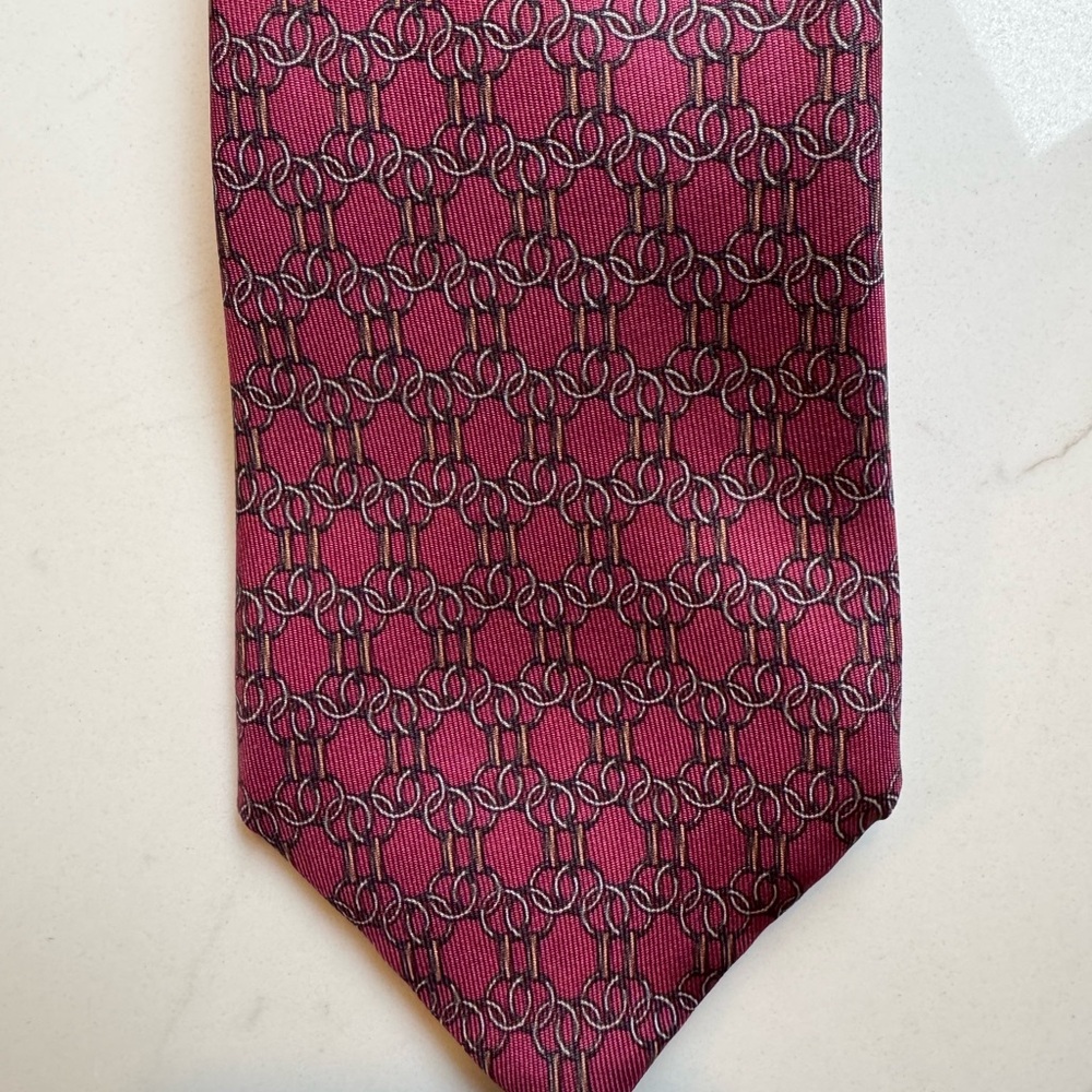Vintage 90s Hermes Tie Red Blue Bridle Pattern 100% Silk Luxury - Made in France - Picture 2 of 4